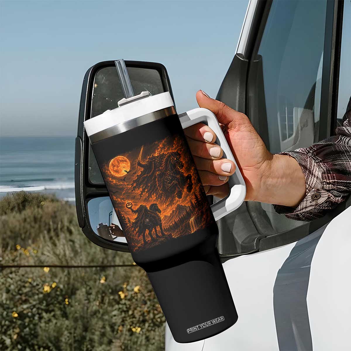 Fiery Headless Horseman Dark Fantasy Halloween Graphic Tumbler With Handle
