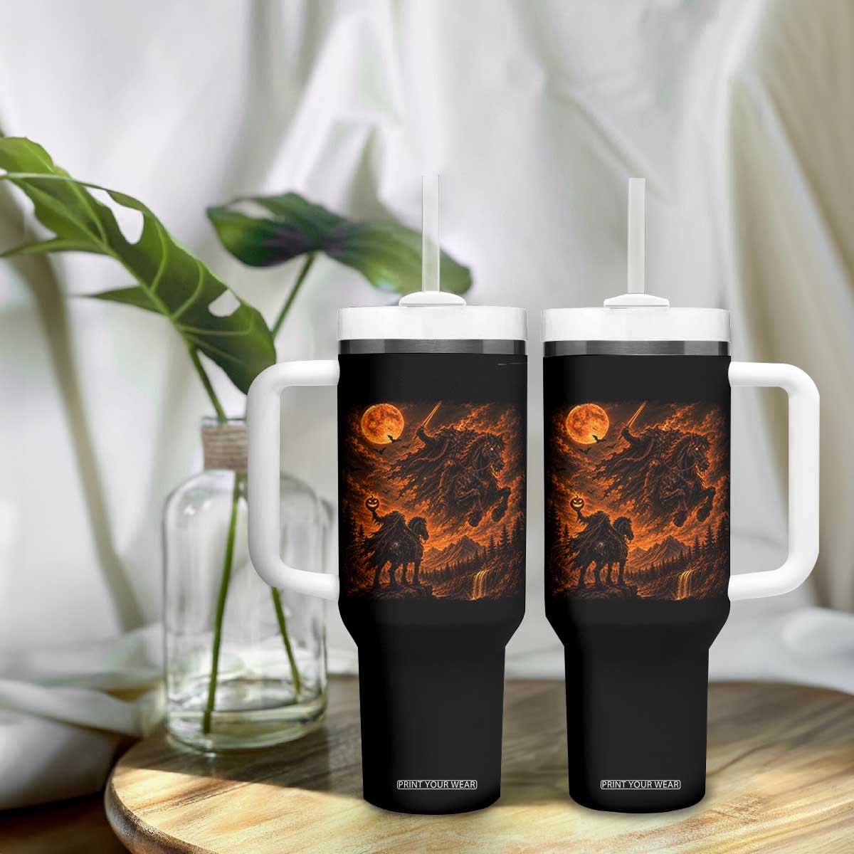 Fiery Headless Horseman Dark Fantasy Halloween Graphic Tumbler With Handle