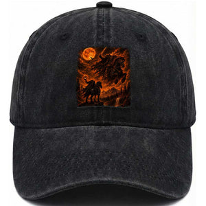 Fiery Headless Horseman Dark Fantasy Halloween Graphic Washed Cotton Baseball Cap