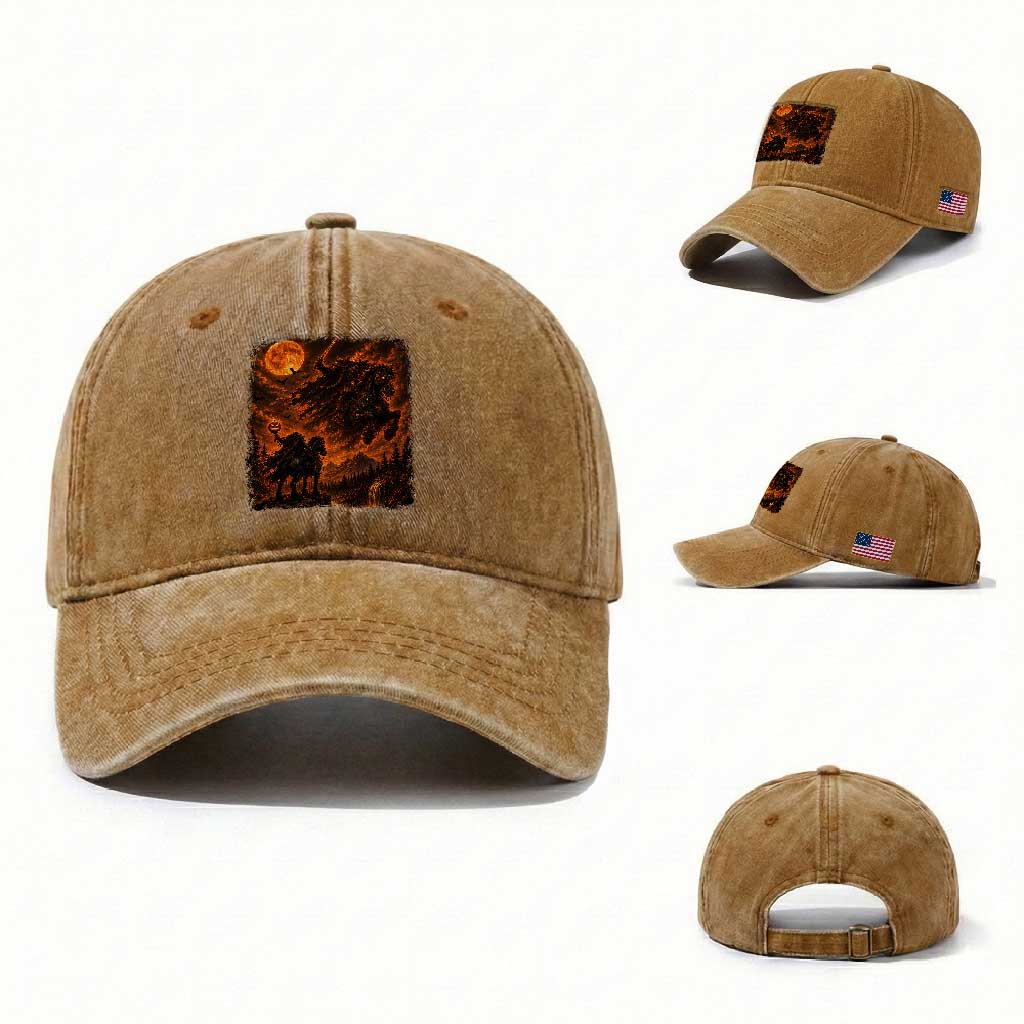Fiery Headless Horseman Dark Fantasy Halloween Graphic Washed Cotton Baseball Cap