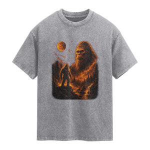 Bigfoot Sasquatch Under The Moon Night Forest Graphic Washed Cotton T-Shirt