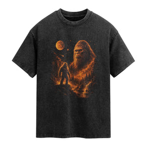 Bigfoot Sasquatch Under The Moon Night Forest Graphic Washed Cotton T-Shirt