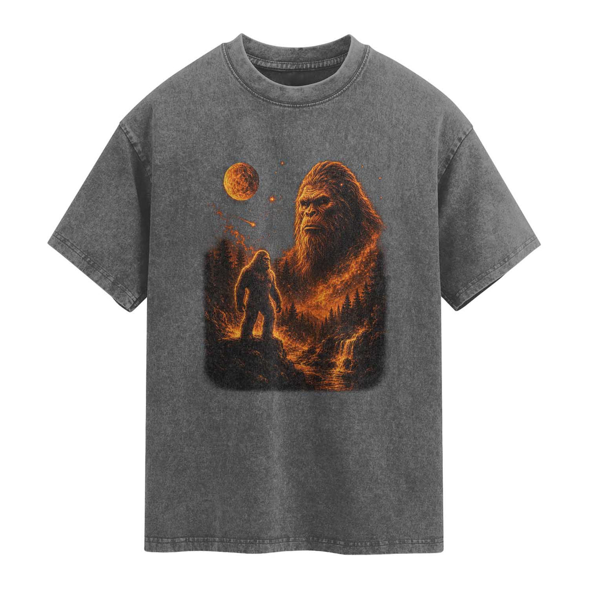 Bigfoot Sasquatch Under The Moon Night Forest Graphic Washed Cotton T-Shirt