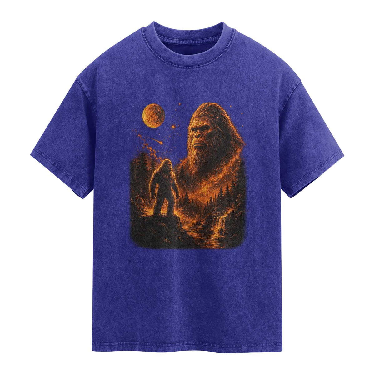 Bigfoot Sasquatch Under The Moon Night Forest Graphic Washed Cotton T-Shirt