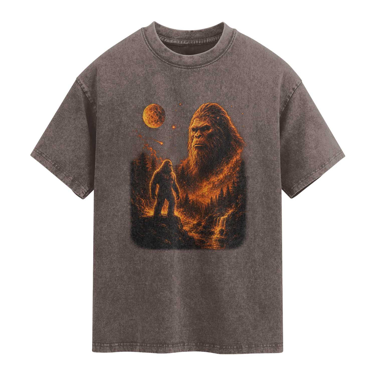 Bigfoot Sasquatch Under The Moon Night Forest Graphic Washed Cotton T-Shirt