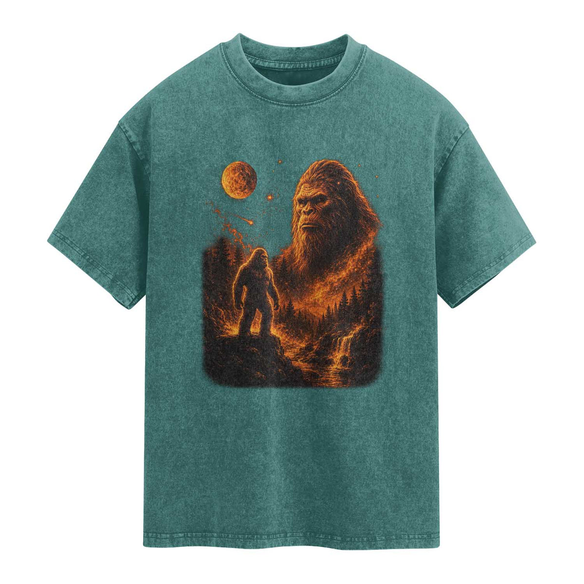 Bigfoot Sasquatch Under The Moon Night Forest Graphic Washed Cotton T-Shirt
