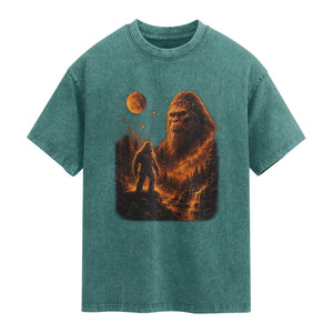 Bigfoot Sasquatch Under The Moon Night Forest Graphic Washed Cotton T-Shirt