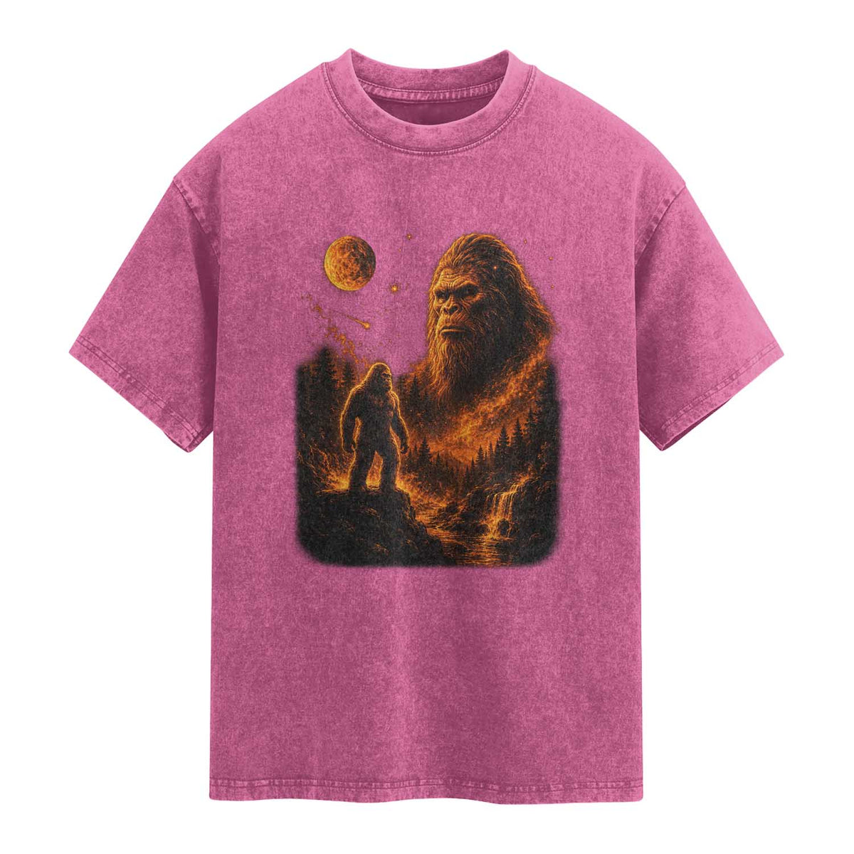 Bigfoot Sasquatch Under The Moon Night Forest Graphic Washed Cotton T-Shirt