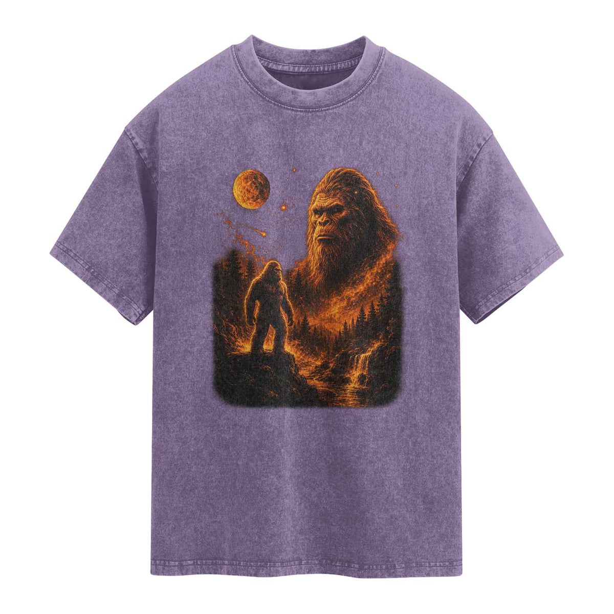 Bigfoot Sasquatch Under The Moon Night Forest Graphic Washed Cotton T-Shirt