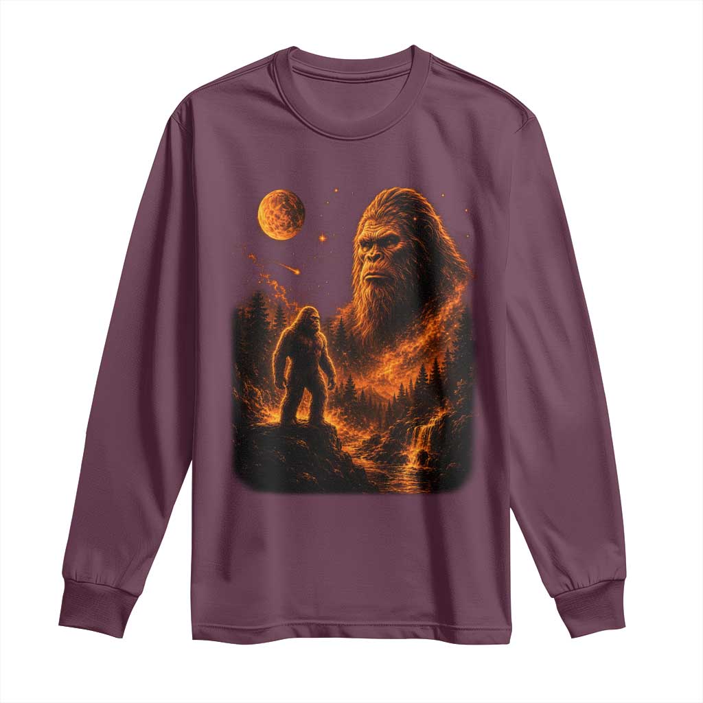 Bigfoot Sasquatch Under The Moon Night Forest Graphic Long Sleeve Shirt