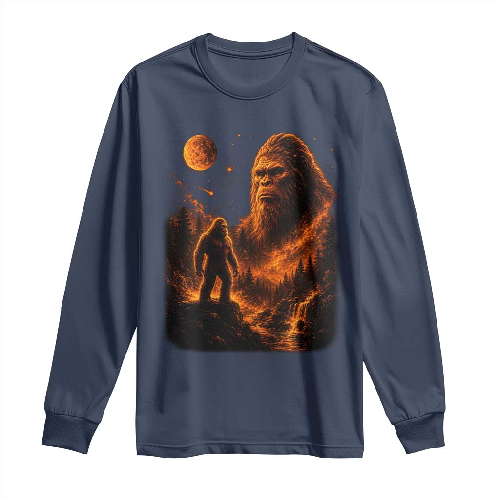 Bigfoot Sasquatch Under The Moon Night Forest Graphic Long Sleeve Shirt