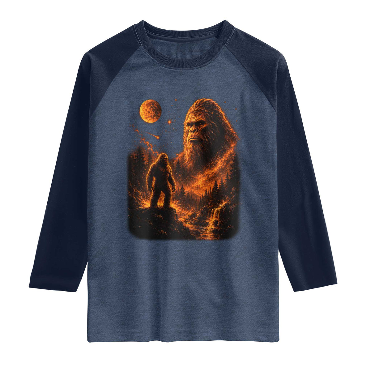 Bigfoot Sasquatch Under The Moon Night Forest Graphic Raglan Shirt