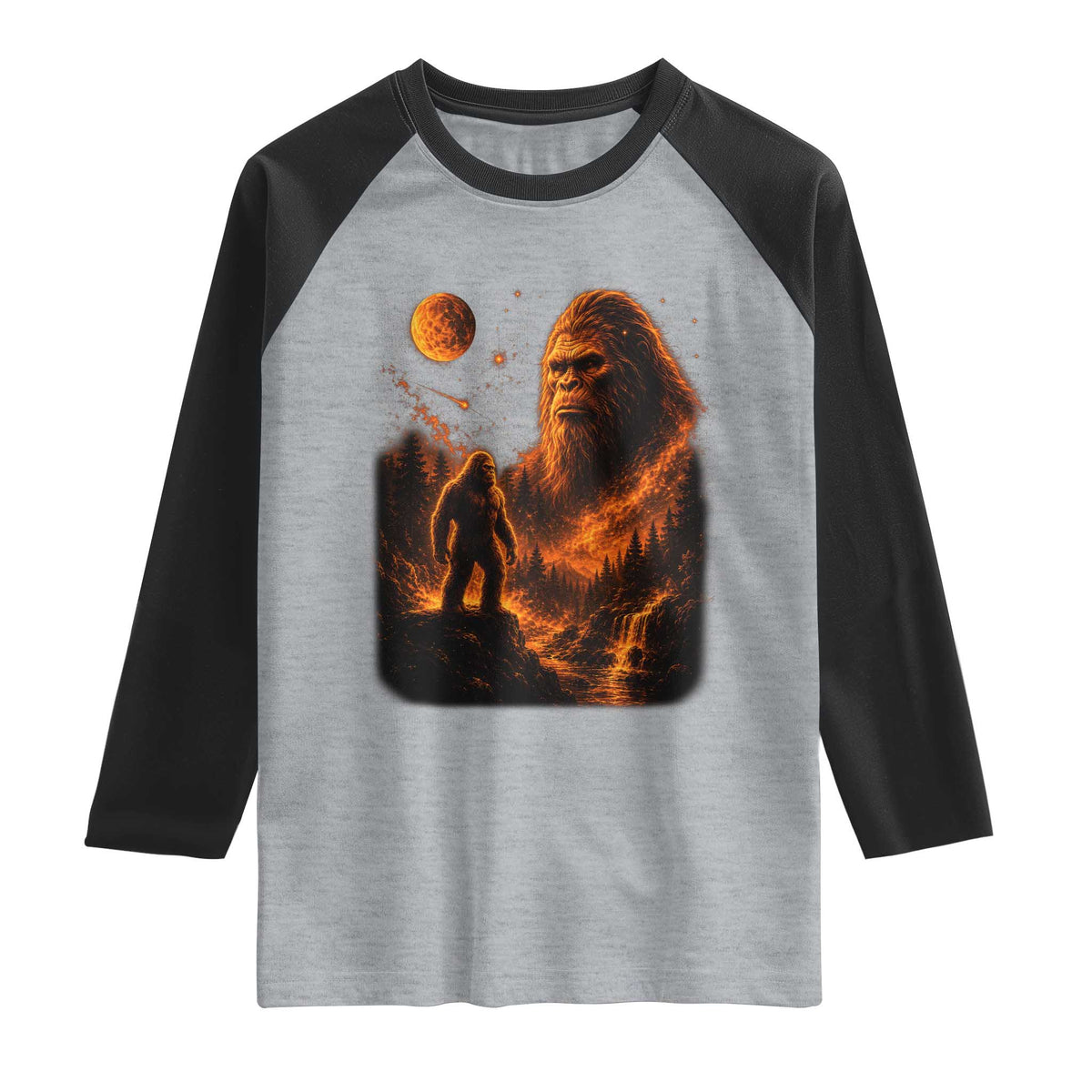 Bigfoot Sasquatch Under The Moon Night Forest Graphic Raglan Shirt