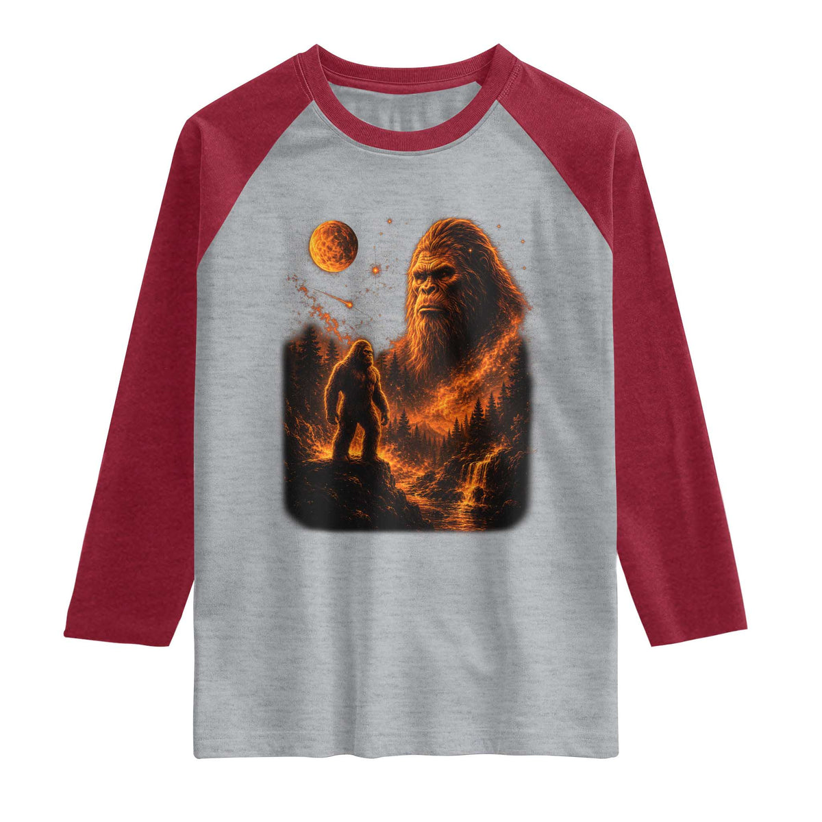 Bigfoot Sasquatch Under The Moon Night Forest Graphic Raglan Shirt