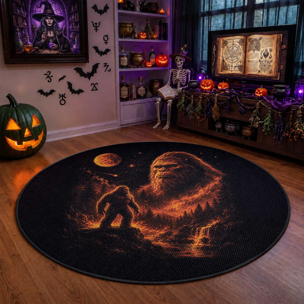 Bigfoot Sasquatch Under The Moon Night Forest Graphic Round Rug
