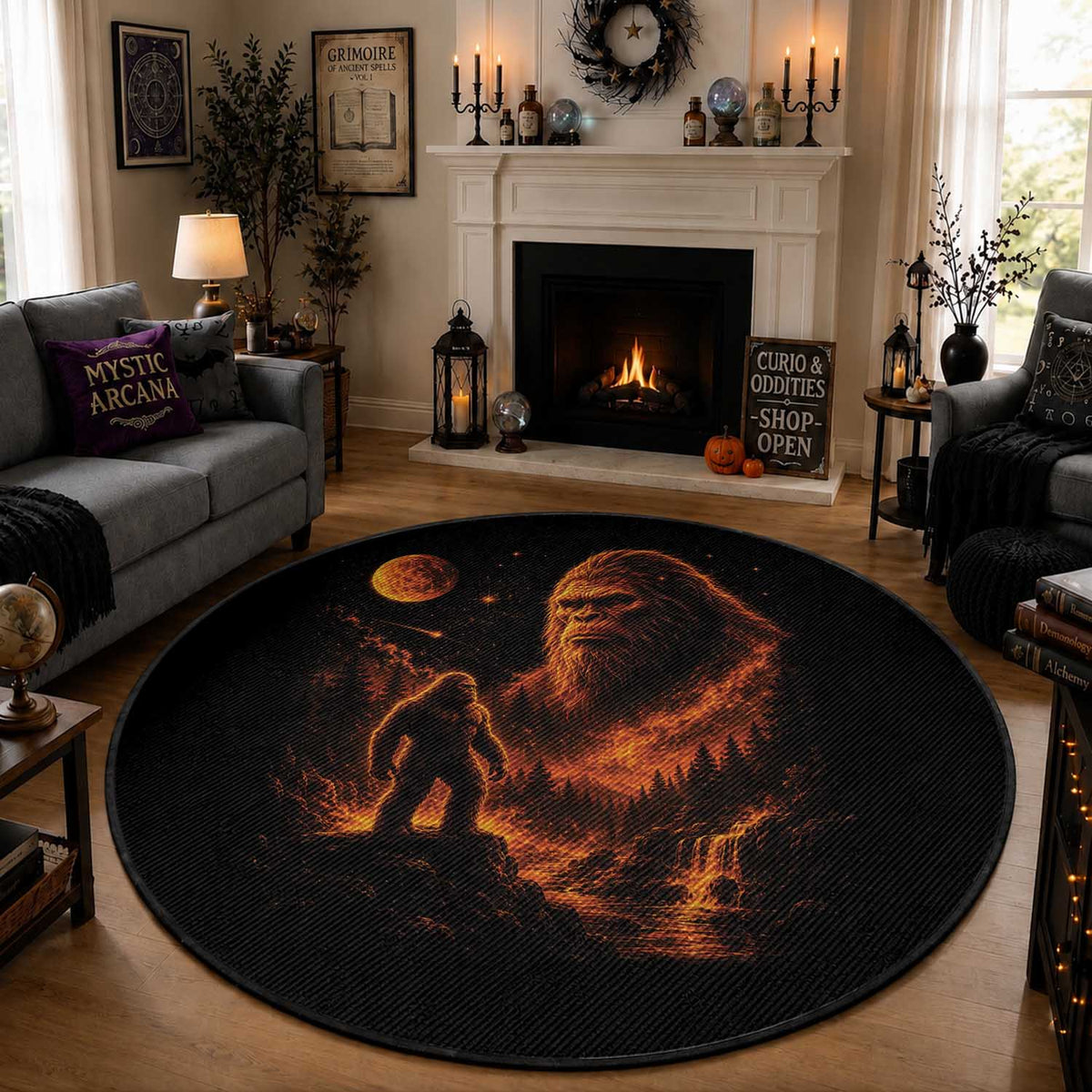 Bigfoot Sasquatch Under The Moon Night Forest Graphic Round Rug