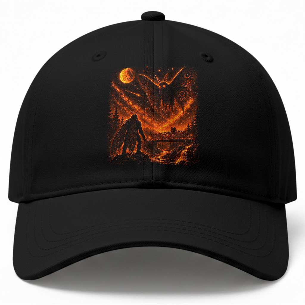 Mothman Cryptid Under The Moon 90s Retro Baseball Cap Vintage Silver Bridge Dark Fantasy Graphic