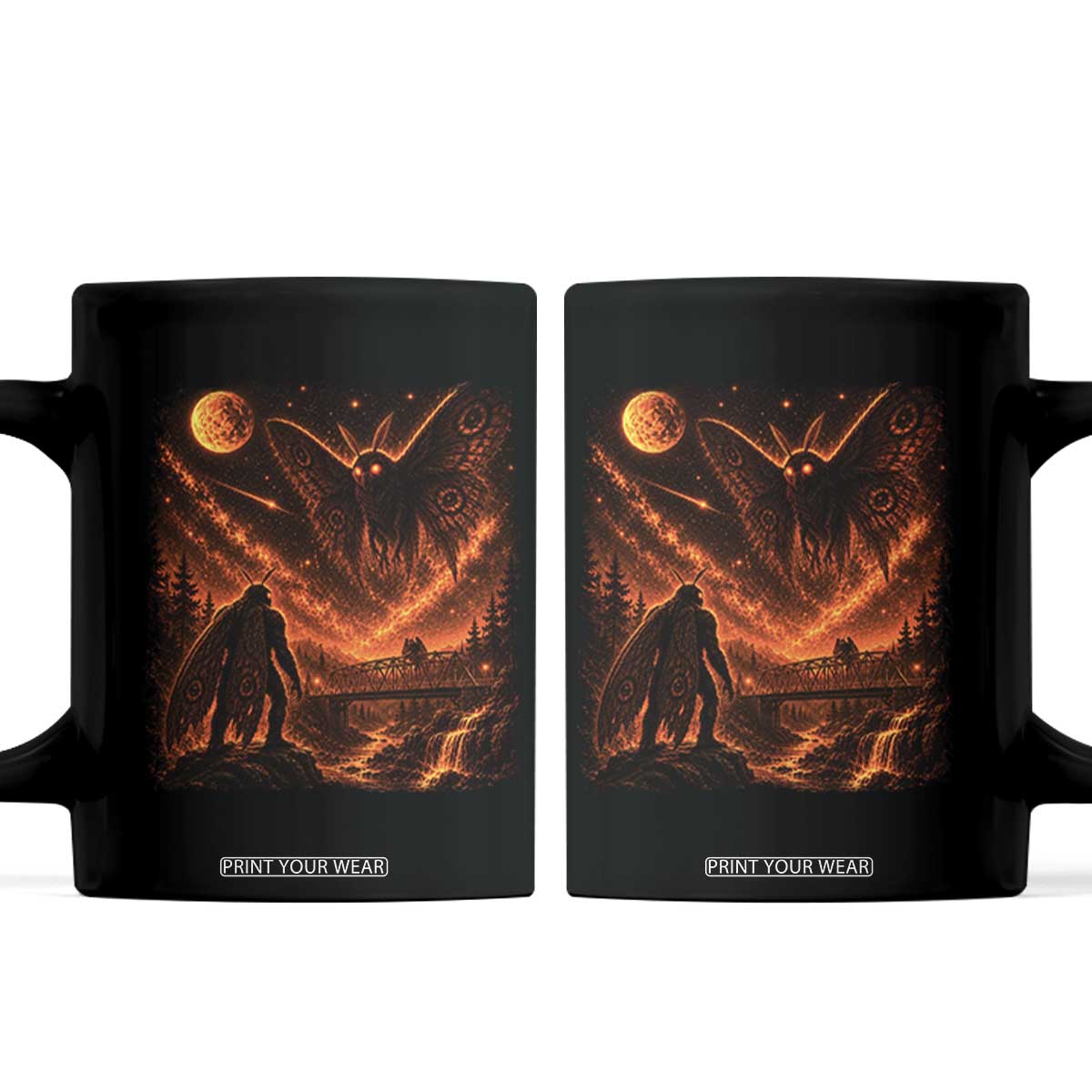 Mothman Cryptid Under The Moon 90s Retro Coffee Mug Vintage Silver Bridge Dark Fantasy Graphic