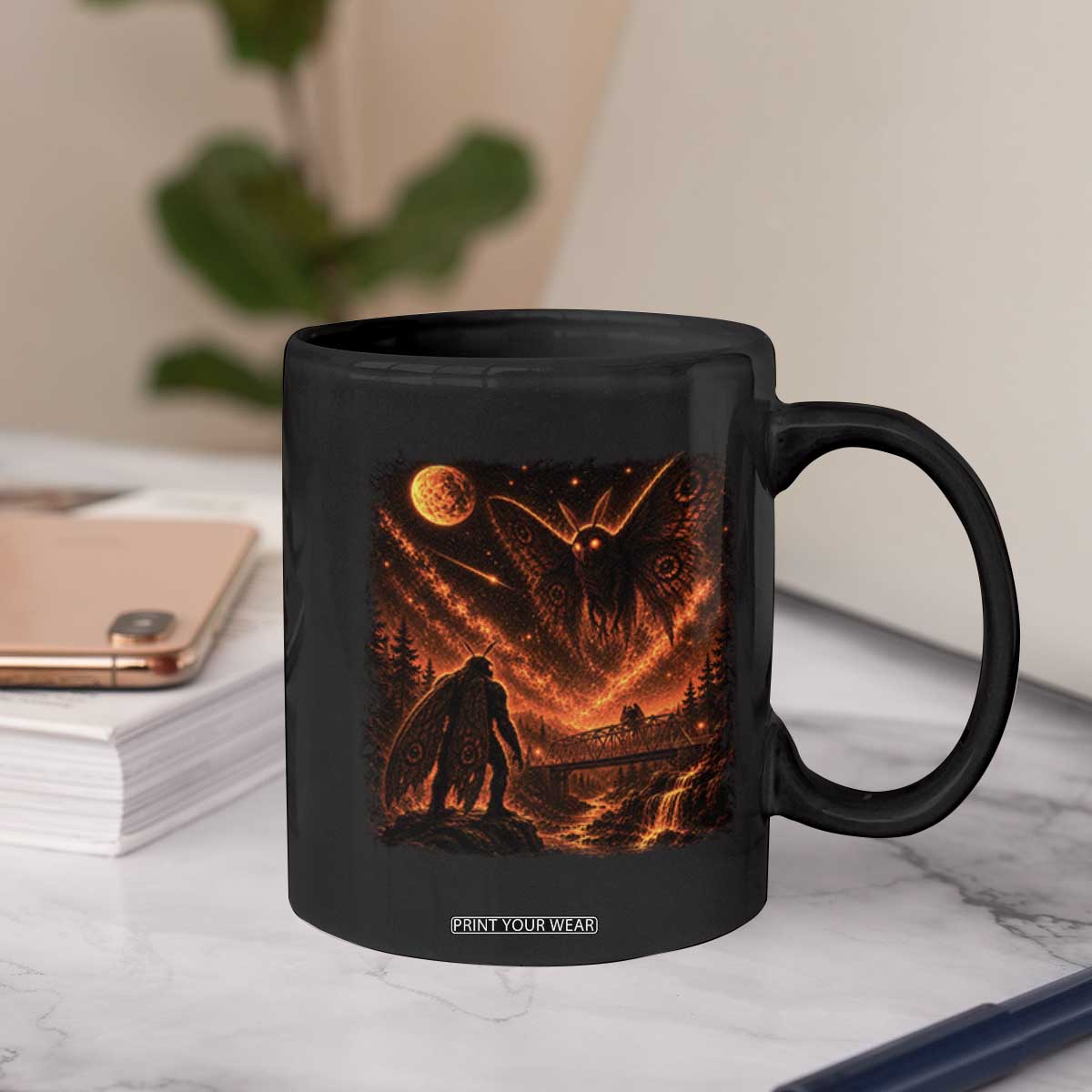 Mothman Cryptid Under The Moon 90s Retro Coffee Mug Vintage Silver Bridge Dark Fantasy Graphic