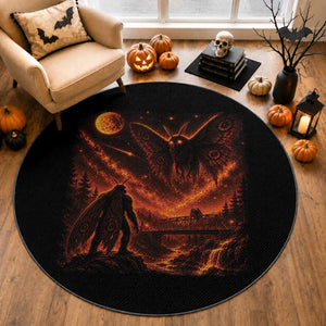 Mothman Cryptid Under The Moon 90s Retro Round Rug Vintage Silver Bridge Dark Fantasy Graphic