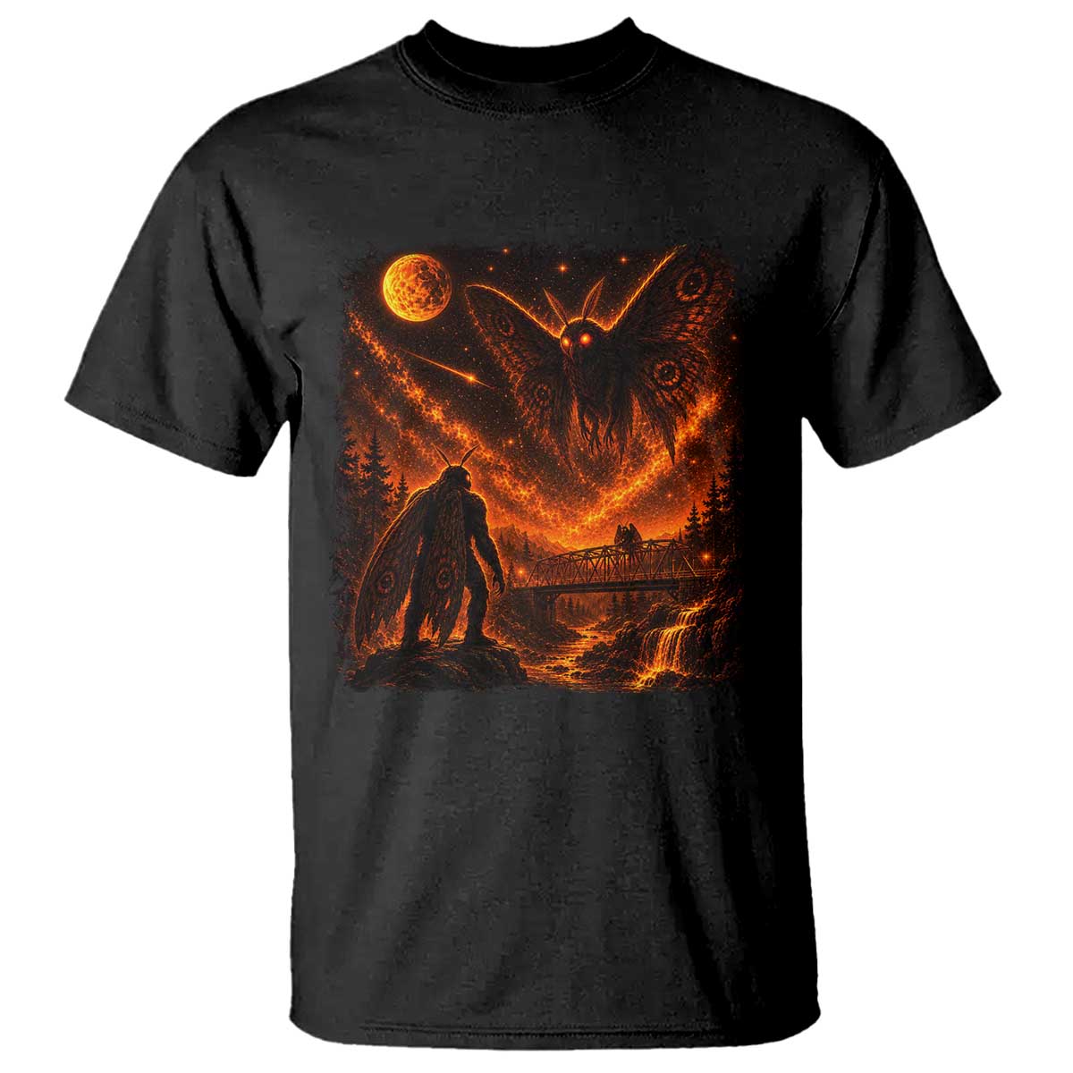 Mothman Cryptid Under The Moon 90s Retro T Shirt Vintage Silver Bridge Dark Fantasy Graphic