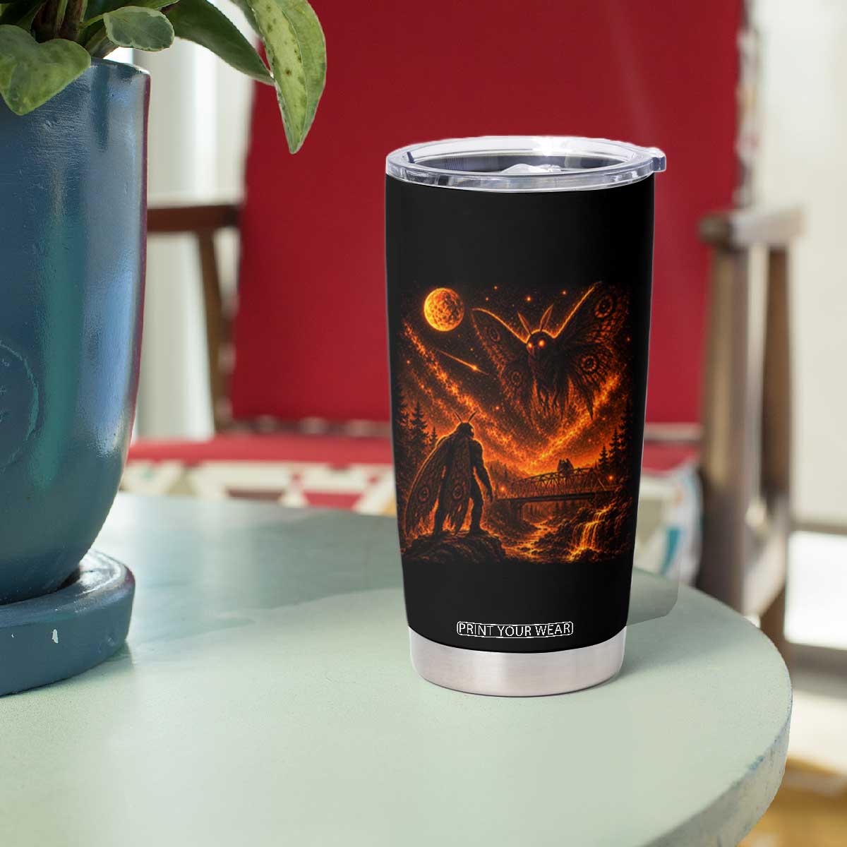 Mothman Cryptid Under The Moon 90s Retro Tumbler Cup Vintage Silver Bridge Dark Fantasy Graphic