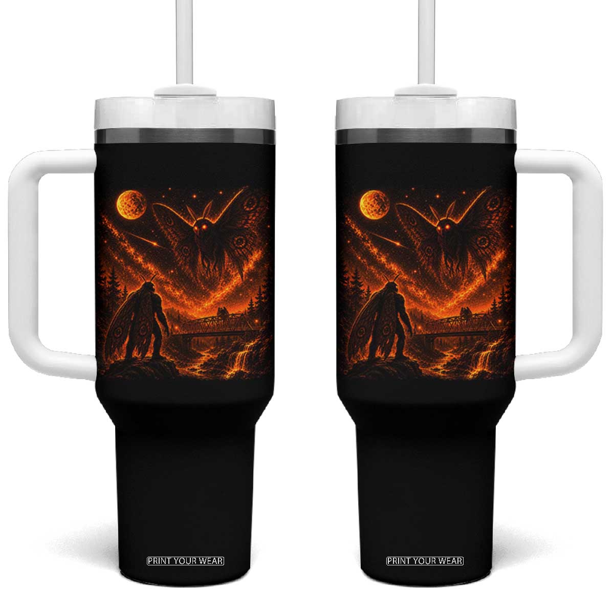 Mothman Cryptid Under The Moon 90s Retro Tumbler With Handle Vintage Silver Bridge Dark Fantasy Graphic