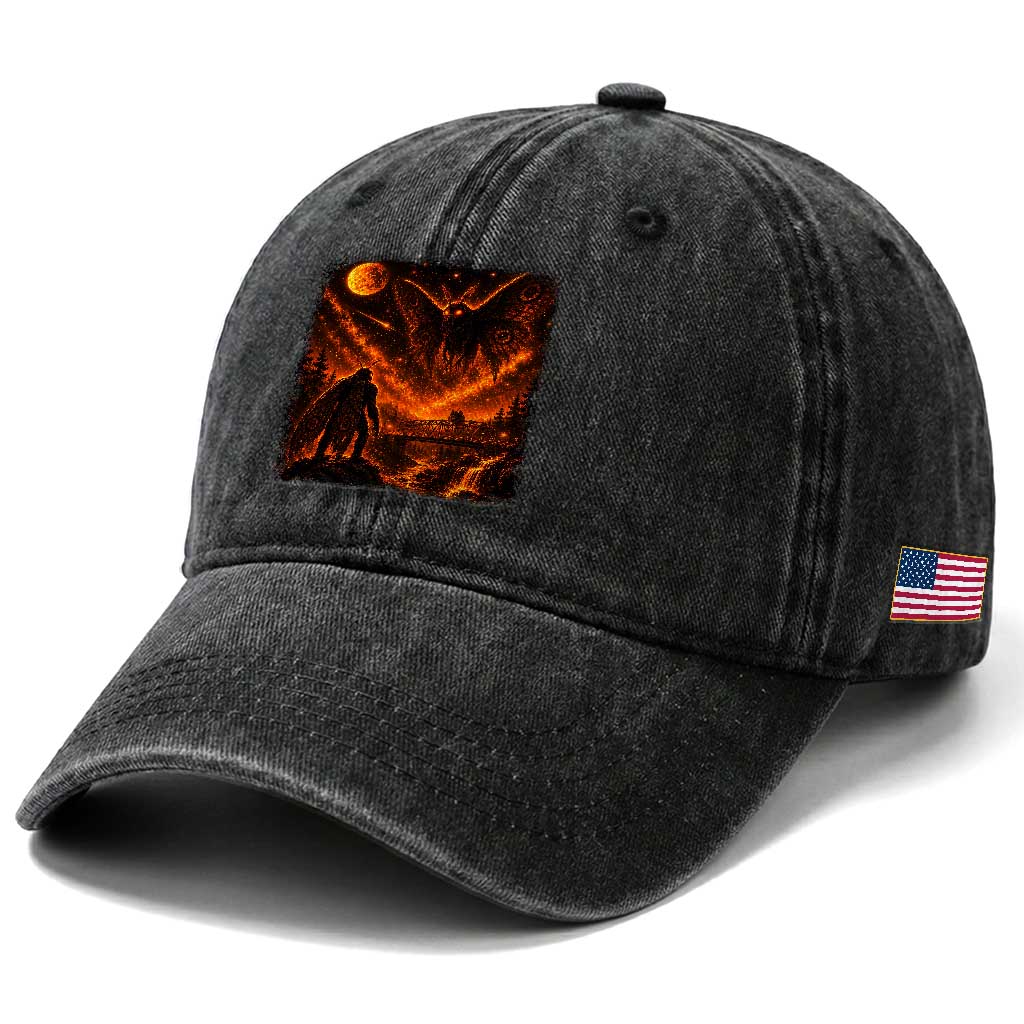 Mothman Cryptid Under The Moon 90s Retro Washed Cotton Baseball Cap Vintage Silver Bridge Dark Fantasy Graphic