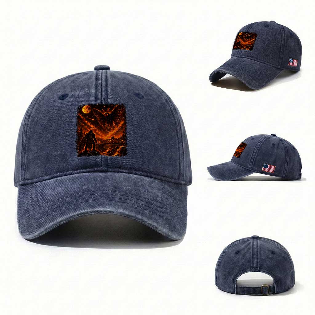 Mothman Cryptid Under The Moon 90s Retro Washed Cotton Baseball Cap Vintage Silver Bridge Dark Fantasy Graphic