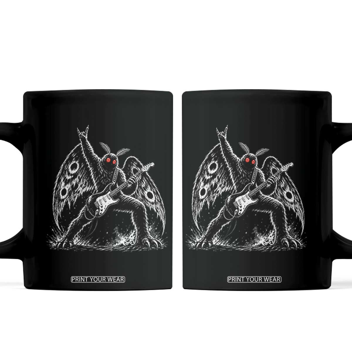 Mothman Rock Guitarist Coffee Mug Heavy Metal Cryptid Monochromatic