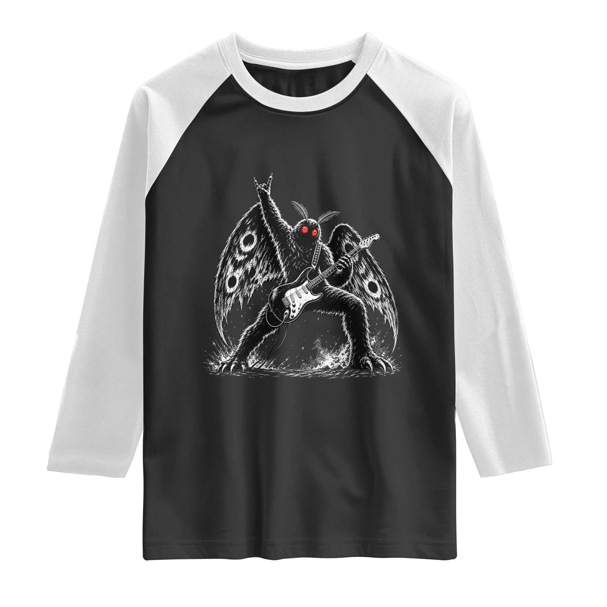 Mothman Rock Guitarist Raglan Shirt Heavy Metal Cryptid Monochromatic