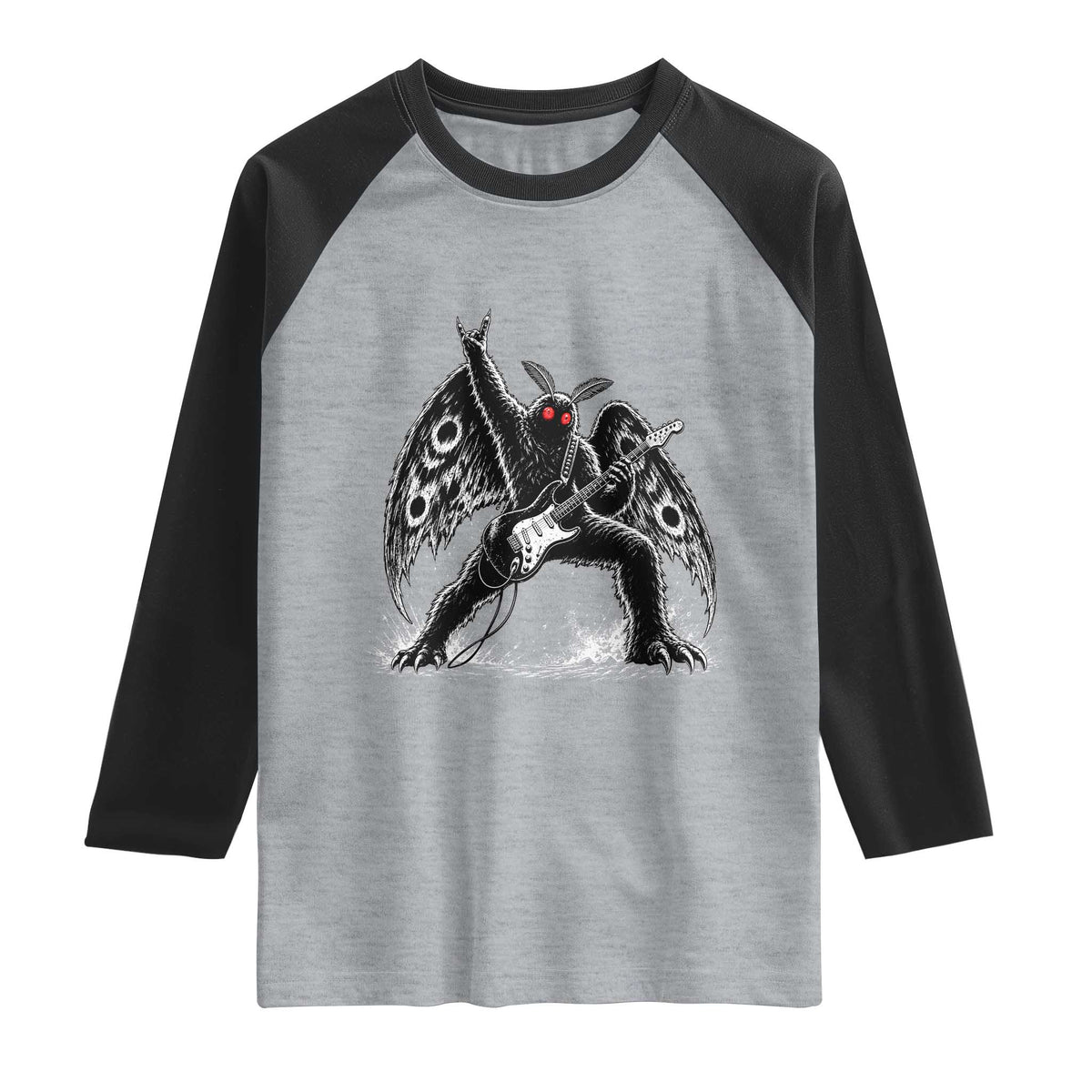 Mothman Rock Guitarist Raglan Shirt Heavy Metal Cryptid Monochromatic