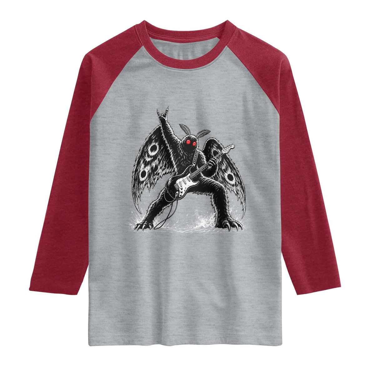 Mothman Rock Guitarist Raglan Shirt Heavy Metal Cryptid Monochromatic