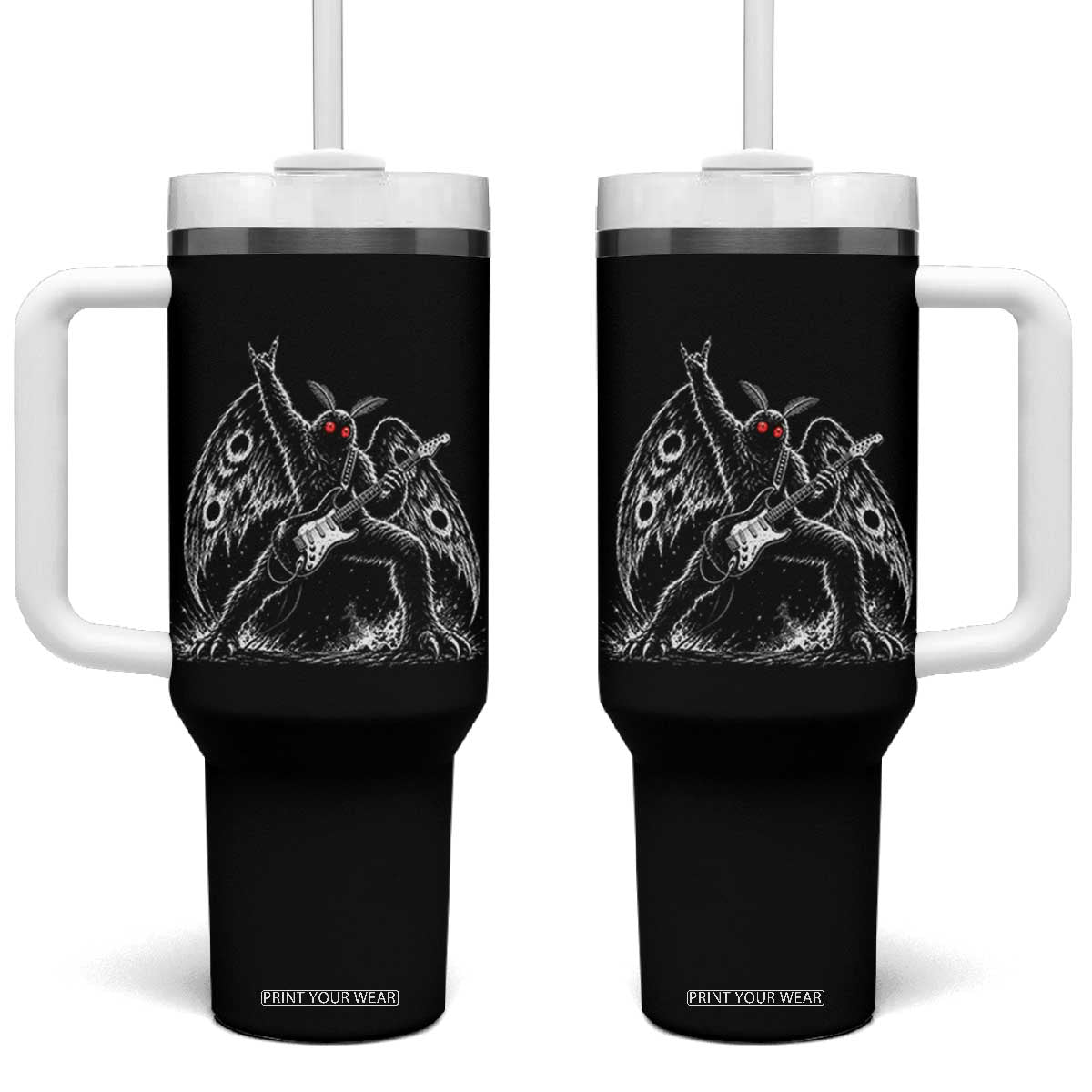 Mothman Rock Guitarist Tumbler With Handle Heavy Metal Cryptid Monochromatic
