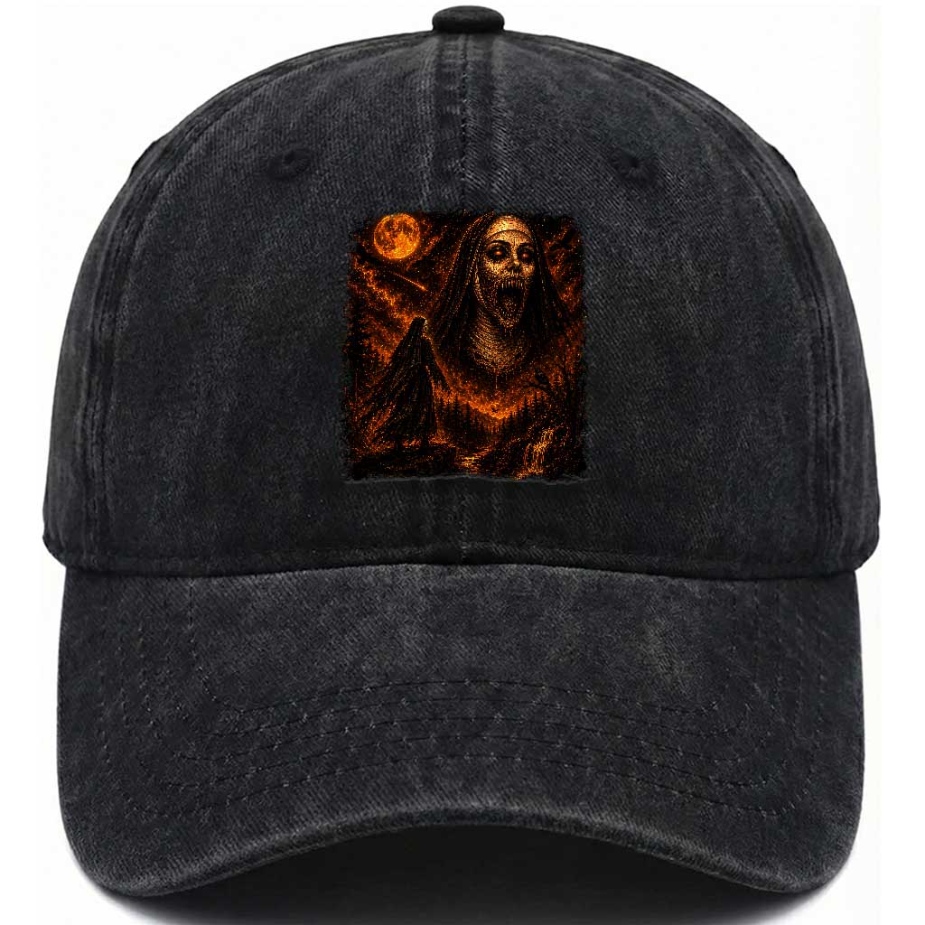 Horror Creepy Nun Under The Moon Washed Cotton Baseball Cap Dark Fantasy Spooky Halloween Demon Unholy Evil Occult Scary Goth Graphic