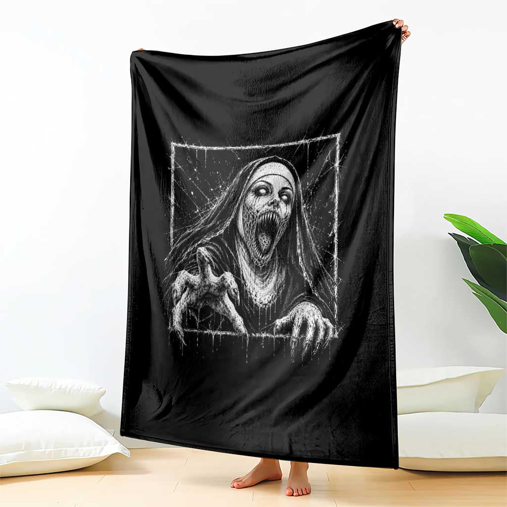 Horror Creepy Nun Demon Unholy Evil Occult Scary Goth Graphic Halloween Throw Blanket