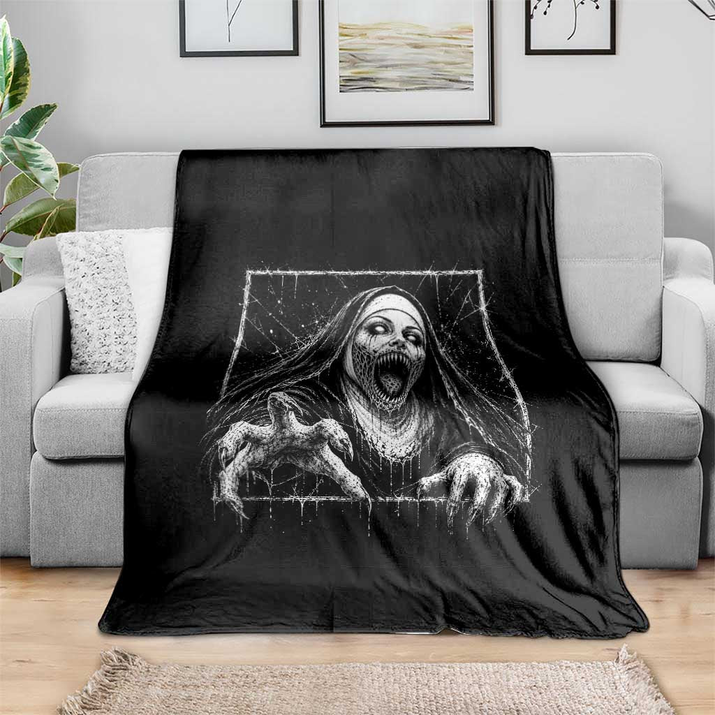 Horror Creepy Nun Demon Unholy Evil Occult Scary Goth Graphic Halloween Throw Blanket