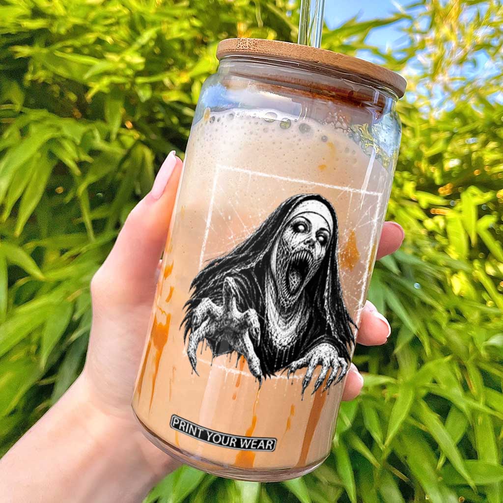 Horror Creepy Nun Demon Unholy Evil Occult Scary Goth Graphic Halloween Glass Can