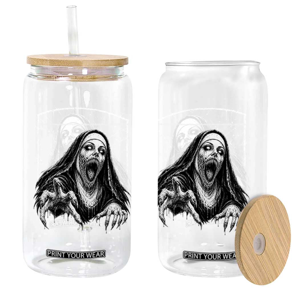 Horror Creepy Nun Demon Unholy Evil Occult Scary Goth Graphic Halloween Glass Can
