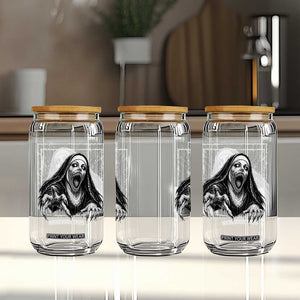 Horror Creepy Nun Demon Unholy Evil Occult Scary Goth Graphic Halloween Glass Can