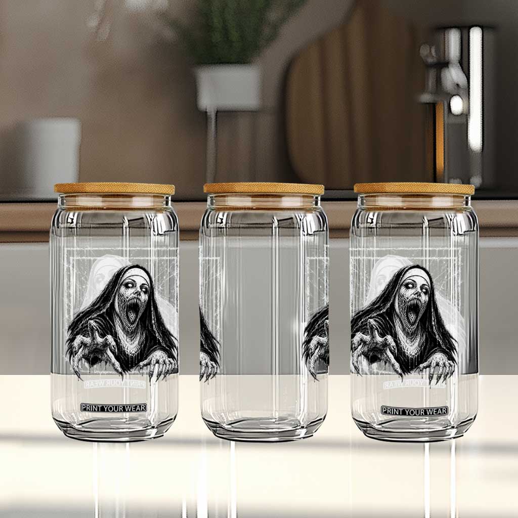 Horror Creepy Nun Demon Unholy Evil Occult Scary Goth Graphic Halloween Glass Can