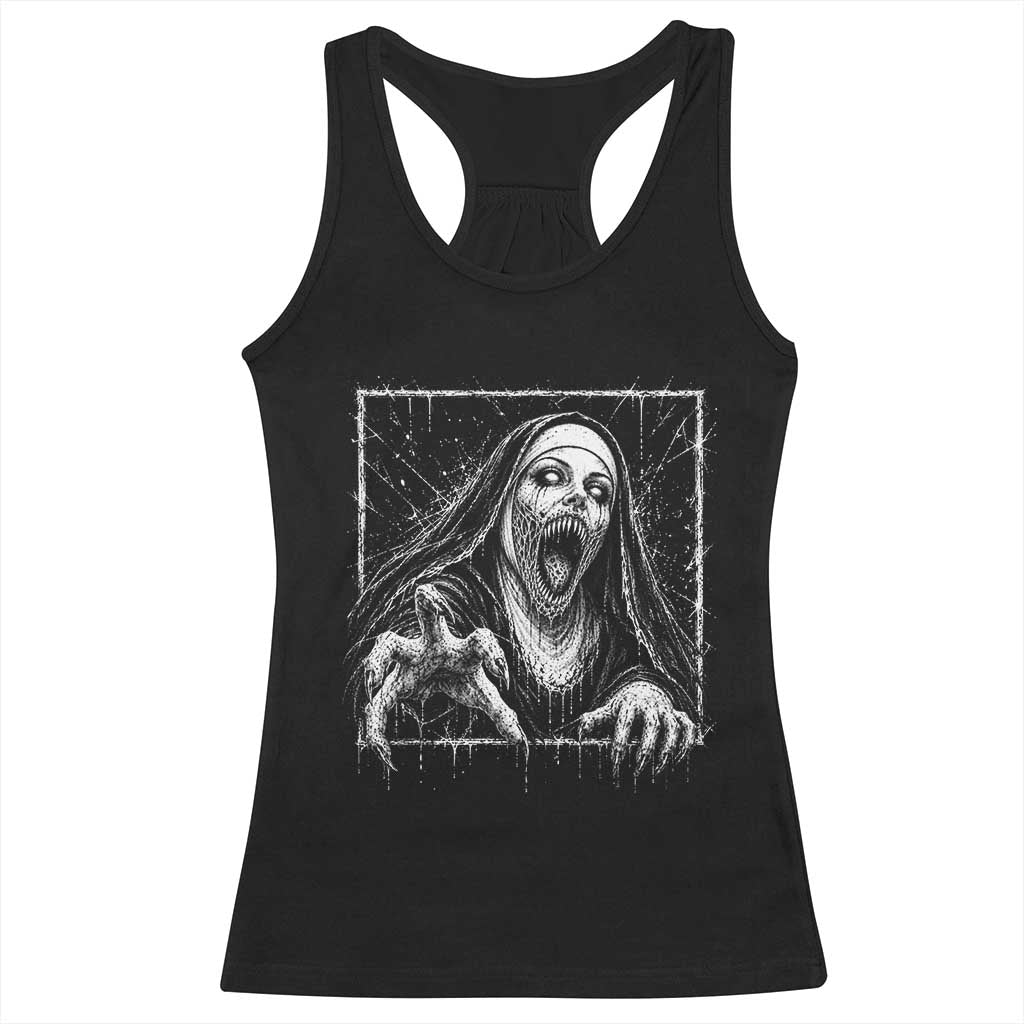 Horror Creepy Nun Demon Unholy Evil Occult Scary Goth Graphic Halloween Racerback Tank Top