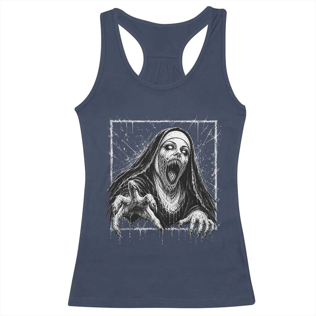 Horror Creepy Nun Demon Unholy Evil Occult Scary Goth Graphic Halloween Racerback Tank Top