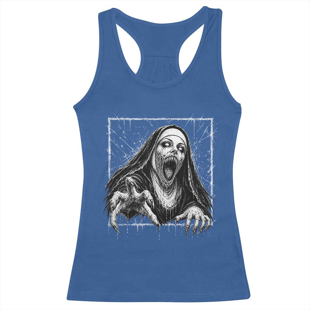 Horror Creepy Nun Demon Unholy Evil Occult Scary Goth Graphic Halloween Racerback Tank Top
