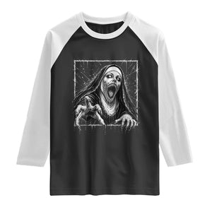 Horror Creepy Nun Demon Unholy Evil Occult Scary Goth Graphic Halloween Raglan Shirt