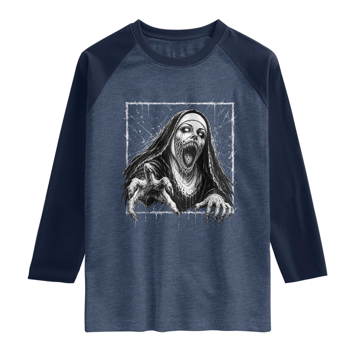 Horror Creepy Nun Demon Unholy Evil Occult Scary Goth Graphic Halloween Raglan Shirt