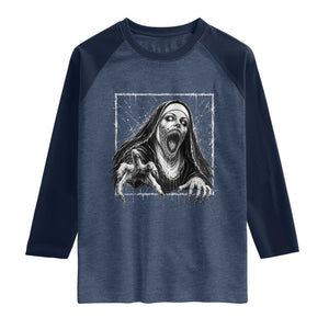 Horror Creepy Nun Demon Unholy Evil Occult Scary Goth Graphic Halloween Raglan Shirt