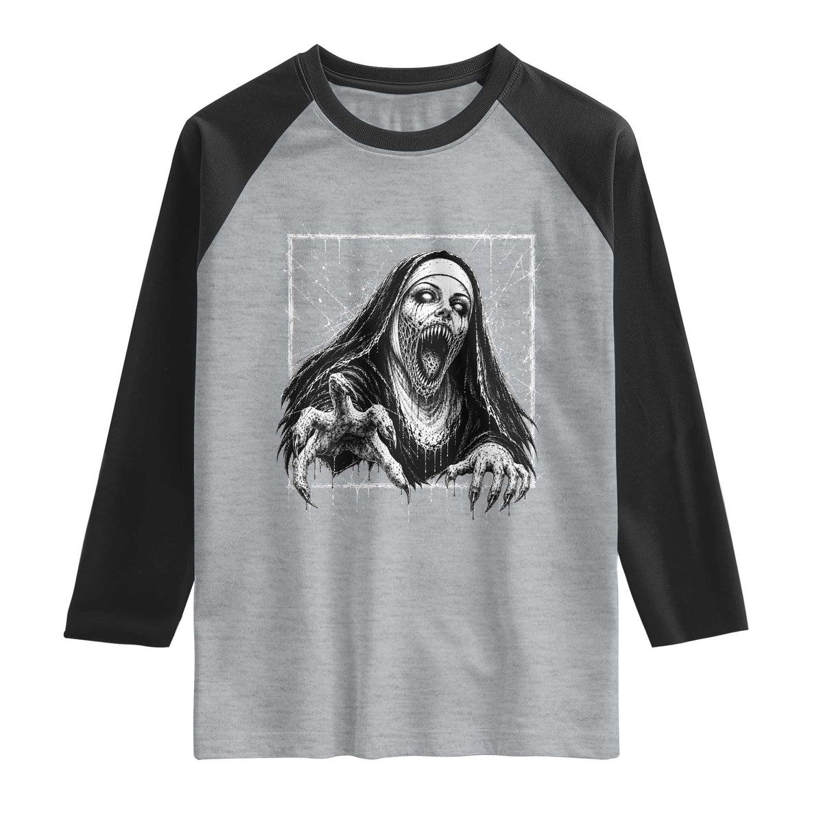 Horror Creepy Nun Demon Unholy Evil Occult Scary Goth Graphic Halloween Raglan Shirt