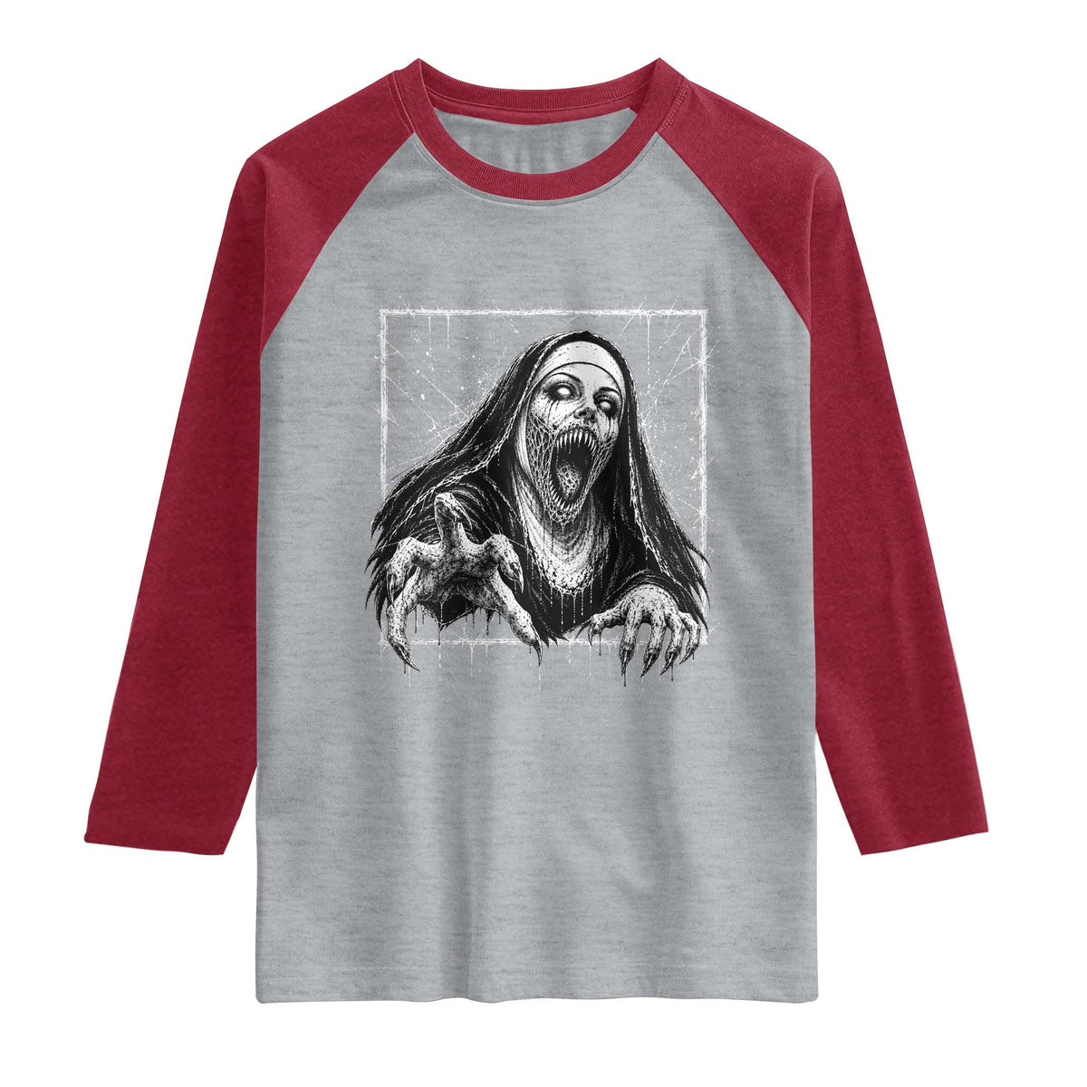Horror Creepy Nun Demon Unholy Evil Occult Scary Goth Graphic Halloween Raglan Shirt