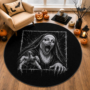 Horror Creepy Nun Demon Unholy Evil Occult Scary Goth Graphic Halloween Round Rug